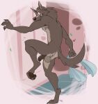 2024 4_toes 5_fingers anthro armpit_hair backsack balls black_nose blush body_hair butt canid canine canis claws dragondrawer embarrassed feet finger_claws fingers fur genitals grey_body grey_fur hi_res hindpaw humanoid_hands looking_at_viewer looking_back looking_back_at_viewer lyall_(lyre) lyre_(visual_novel) male mammal nude one_leg_up paws penis perineum raised_leg solo surprise teeth toe_claws toes towel wolf