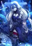 1girl armor armored_boots armored_dress bare_shoulders black_armor black_dress black_gloves blue_flower boots chain commentary detached_sleeves dress english_commentary fate/grand_order fate_(series) flower fur-trimmed_sleeves fur_trim gloves grey_hair grin headpiece highres jeanne_d&#039;arc_alter_(avenger)_(fate) jeanne_d&#039;arc_alter_(avenger)_(third_ascension)_(fate) jeanne_d&#039;arc_alter_(fate) long_hair looking_at_viewer pale_skin petals plackart planted planted_sword ryairyai sitting smile solo sword twitter_username very_long_hair weapon yellow_eyes 