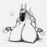 1:1 2024 3_fingers anthro big_breasts biped breast_rest breasts cross-popping_vein english_text female fingers greyscale huge_breasts monochrome returnaddress solo synth_(vader-san) text