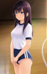  1girl basketball_court black_hair blue_buruma blue_eyes breasts buruma buruma_pull commentary_request gym_shirt gym_uniform indoors nonaka_ritsu original panties panties_under_buruma pink_panties shirt small_breasts solo standing t-shirt underwear white_shirt 