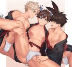  3boys :d abs animal_ears aqua_eyes bare_legs bare_pectorals bare_shoulders black_hanfu blue_eyes brown_eyes brown_hair bulge chinese_clothes chinese_zodiac collarbone commentary_request dragon_boy dragon_horns dutch_angle fundoshi hand_on_another&#039;s_thigh hanfu highres horns japanese_clothes knee_up kneeling light_frown light_smile long_sleeves looking_at_another looking_at_viewer male_focus multicolored_hair multiple_boys navel nayoshi_(r-744) nipples off_shoulder open_clothes original paid_reward_available pectorals profile rabbit_boy rabbit_ears short_hair side-by-side sitting smile spiked_hair spread_legs tail thigh_grab tiger_boy tiger_tail toned toned_male variant_set white_hair wide_sleeves 