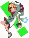  1boy absurdres blonde_hair bow child demon_boy disgaea emizel_(disgaea) green_footwear highres himawari_(kawaisounaedesu) hood hoodie legs makai_senki_disgaea_4 male_focus open_mouth red_bow red_eyes shoes shorts skull_print solo 