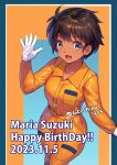  1girl ai-assisted birthday blue_border blue_eyes border brown_hair character_name commentary_request cowboy_shot dark-skinned_female dark_skin dated english_text girls_und_panzer gloves happy_birthday jumpsuit long_sleeves looking_at_viewer mechanic open_mouth orange_jumpsuit partial_commentary short_hair smile solo suzuki_(girls_und_panzer) tokishiro_(himawarihatake) twitter_username uniform waving white_border white_gloves 
