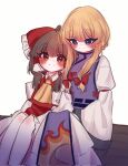  2girls ascot blonde_hair blush bow brown_hair closed_mouth commentary_request detached_sleeves flame_print frilled_bow frilled_hair_tubes frills hair_bow hair_tubes hakurei_reimu highres korean_commentary leaning_on_person long_hair long_sleeves multiple_girls no_headwear purple_tabard red_bow simple_background sitting smile tabard tohou89 touhou white_background yakumo_yukari yellow_ascot yin_yang yin_yang_print yuri 