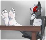 anthro blackjack_(devilcatjack) chair claws demon domestic_cat ear_piercing feet feet_on_table felid feline felis foot_focus furniture grin horn humanoid_feet leaning leaning_back male mammal nipples on_chair on_phone piercing plantigrade sitting sitting_on_chair smile solo toe_claws whitelister