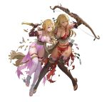  2girls armpits blonde_hair bow_(weapon) breasts brown_thighhighs cleavage dagger damaged dark-skinned_female dark_skin earrings ekao fire_emblem fire_emblem:_the_binding_blade fire_emblem:_the_blazing_blade fire_emblem_heroes full_body hair_ornament holding holding_bow_(weapon) holding_dagger holding_knife holding_weapon igrene_(fire_emblem) igrene_(sworn_protector)_(fire_emblem) jewelry knife large_breasts lipstick long_hair looking_at_viewer louise_(fire_emblem) louise_(sworn_protector)_(fire_emblem) makeup medium_breasts multiple_girls necklace official_alternate_costume official_art one_eye_closed pelvic_curtain red_lips red_thighhighs tassel tassel_hair_ornament thighhighs torn_clothes weapon yellow_eyes 