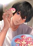  1boy black_hair blue_eyes food free! hair_between_eyes highres holding holding_food holding_plate indoors looking_at_viewer male_focus matsuoka_rin nanase_haruka_(free!) nori0602ohl parted_lips plate shirt short_hair solo upper_body white_shirt 