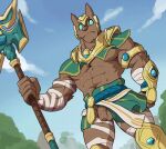 2019 abs animated anthro anubian_jackal armor balls bandage barazoku biceps blinking brown_nose canid canine canis clothed clothing cloud digital_media_(artwork) flaccid foreskin frame_by_frame fur genitals gold_(metal) ineffective_armour ineffective_clothing ineffective_loincloth jackal league_of_legends looking_at_viewer loop male mammal manly muscular muscular_anthro muscular_arms muscular_male muscular_thighs nasus_(lol) omyurice partially_clothed pecs penis question_mark riot_games simple_background sky solo thick_thighs weapon wind