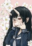  black_hair black_serafuku braid ebimomo flower glasses highres horns long_hair long_sleeves oni open_mouth original pointy_ears red_eyes round_eyewear school_uniform serafuku single_braid solo tears upper_body 