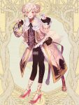  1boy ame_tyaya basket belt_pouch black_pants black_ribbon blonde_hair bridal_garter coat cross-laced_clothes curled_horns dairoku_ryouhei flower flower_ornament frilled_jacket frilled_sleeves frills full_body fur-trimmed_coat fur_trim gem gold_trim hair_flower hair_ornament hands_up head_wings high_heels holding holding_basket holding_gem horns jacket leaning_forward long_sleeves looking_at_viewer male_focus mole mole_under_eye multiple_moles nail_polish neck_ribbon open_clothes open_jacket padded_coat pants parted_lips pink_coat pink_eyes pink_footwear pink_jacket pink_nails pouch ribbon sheep_boy sheep_horns short_hair sleeves_past_wrists smile solo standing stiletto_heels swept_bangs tail teeth themed_object thick_eyebrows tsuyuri_atsumu upper_teeth_only wings yellow_background 