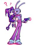  1boy 1girl :3 ? animal_ears black_eyes carrying carrying_person cat_ears cat_girl cat_tail clenched_teeth commentary english_commentary firing fish gloves gun hat heterochromia highres holding holding_gun holding_weapon jaidenstar jax_(the_amazing_digital_circus) jester jester_cap overalls pomni_(the_amazing_digital_circus) rabbit rabbit_ears short_hair simple_background tail teeth the_amazing_digital_circus weapon white_background 