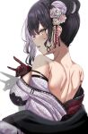  1girl aquina_art back bare_shoulders black_hair black_kimono breasts floral_print_kimono flower fox_shadow_puppet gloves hair_flower hair_ornament highres hololive hololive_english japanese_clothes kimono lace-trimmed_kimono lace_trim large_breasts looking_at_viewer multicolored_hair off_shoulder official_alternate_costume open_mouth shadow shiori_novella shiori_novella_(new_year) simple_background solo split-color_hair two-tone_hair virtual_youtuber white_background white_hair yellow_eyes 