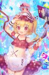  1girl bat_wings blonde_hair blue_hair blush character_doll cowboy_shot crystal fangs flandre_scarlet frills fumo_(doll) hair_ornament hairpin hand_up hat highres midriff nene_man open_mouth red_eyes remilia_scarlet selfie_stick side_ponytail smile solo touhou wings 