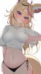  1girl animal_ears black_panties blonde_hair breasts commentary_request cowboy_shot fox_ears fox_tail grabbing_own_breast highres hololive long_hair looking_at_viewer medium_breasts naughty_face navel omaru_polka panties pink_hair purple_eyes shirt smirk tail underwear white_background white_shirt yuuppi 