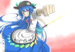  &gt;:) blue_hair bow clenched_hand dress flat_chest food foreshortening fruit hat highres hinanawi_tenshi long_hair nobamo_pieruda outstretched_arm peach red_eyes reverse_grip ribbon skirt smile smirk solo sword_of_hisou touhou v-shaped_eyebrows weapon 