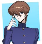 1boy blue_background blue_eyes blue_jacket brown_hair commentary domino_high_school_uniform hand_on_own_face hand_on_own_forehead hand_up highres jacket kaiba_seto kakera4205 long_sleeves looking_at_viewer male_focus pointing school_uniform serious short_hair simple_background solo symbol-only_commentary upper_body yu-gi-oh! yu-gi-oh!_duel_monsters 