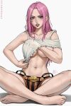 1girl artist_name barefoot breasts commentary english_commentary grey_background hand_under_clothes highres indian_style jewelry_bonney large_breasts legs lips long_hair looking_at_viewer navel one_piece open_mouth pink_hair purple_eyes sciamano240 simple_background sitting solo sweat teeth thighs toenails toes underboob 