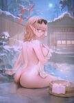  1girl absurdres arm_support ass back black-framed_eyewear blue_archive blush breasts bucket chinatsu_(blue_archive) completely_nude from_behind full_moon glasses halo highres koi_han large_breasts light_brown_hair looking_at_viewer looking_back median_furrow moon night nude onsen pointy_ears sitting snow solo steam tokkuri white_towel wooden_bucket wooden_wall yellow_eyes 