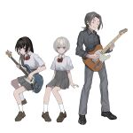  1boy 2girls absurdres album_cover animification black_footwear black_hair black_shirt bow bowtie brown_footwear character_request closed_mouth collared_shirt cover expressionless full_body grey_eyes grey_hair grey_pants grey_skirt guitar hair_between_eyes highres holding holding_guitar holding_instrument hoshimiya_toto indie_virtual_youtuber instrument invisible_chair kneehighs loafers long_hair long_sleeves looking_at_viewer low_ponytail multiple_girls music pants playing_guitar playing_instrument pleated_skirt real_life red_bow red_bowtie school_uniform second-party_source shirt shoes short_hair simple_background sitting skirt socks standing virtual_youtuber white_background white_shirt white_socks zumochi 