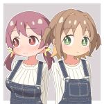  2girls 3: alternate_costume arms_behind_back blonde_hair breasts brown_hair chibi collarbone colored_inner_hair commentary dot_nose flat_chest frown green_eyes grey_background hair_intakes hair_ornament highres large_breasts light_blush long_sleeves looking_at_viewer looking_to_the_side low_twintails madwhippedcream matching_outfits medium_hair multicolored_hair multiple_girls murosaki_miyo oka_asahi onii-chan_wa_oshimai! outline overalls red_eyes red_hair ribbed_shirt shirt short_hair side-by-side simple_background twintails two-tone_hair two_side_up upper_body white_outline white_shirt 