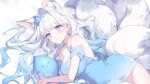  1girl animal_ear_fluff animal_ears bare_shoulders blue_dress blue_eyes blue_hair blush closed_mouth commission dress fox_ears fox_girl fox_tail gradient_hair grey_hair hair_intakes headpiece highres kitsune looking_at_viewer lying moffle_(ayabi) multicolored_hair on_side original smile solo tail 