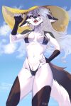 anthro big_ears big_hat big_tail black_clothing black_nose black_swimwear body_hair breasts canid canine canis clothing female fur grey_body grey_hair hair hat headgear headwear helluva_boss hi_res hybrid kashikomishotta looking_at_viewer loona_(helluva_boss) mammal multicolored_body multicolored_fur multicolored_tail open_mouth simple_background small_breasts smile smiling_at_viewer smirk smirking_at_viewer solo standing sunny swimwear tail white_body white_fur wolf