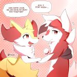 2021 ambiguous_gender anthro braixen cheek_tuft chest_tuft dialogue digital_media_(artwork) duo english_text facial_tuft floppy_ears fur generation_6_pokemon generation_7_pokemon hi_res kinozel lycanroc midnight_lycanroc nintendo pokemon pokemon_(species) red_body red_fur signature speech_bubble text tuft white_body white_fur yellow_body yellow_fur