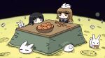  2girls animal_on_head black_hair blue_eyes blunt_bangs bowl brown_eyes brown_hair earth_(planet) eating food fruit fuchina_(fucinami) funo-chan_(fuchina) highres holding holding_food holding_fruit kotatsu long_hair mandarin_orange multiple_girls on_head on_moon orange_peel original outdoors planet rabbit shimau-chan_(fuchina) short_hair smile table too_many too_many_rabbits under_kotatsu under_table white_rabbit_(animal) 