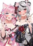  1girl :3 animal_ear_fluff animal_ears antenna_hair armpit_crease bare_shoulders black_hair black_nails blush braid breasts cleavage facepaint fang flower flower_ornament frilled_kimono frills grey_hair hair_bun hair_flower hair_ornament hakui_koyori hakui_koyori_(new_year) highres holding holding_calligraphy_brush holding_paintbrush hololive ibuki_sho ink_on_face japanese_clothes kimono large_breasts looking_at_viewer multicolored_hair official_alternate_costume open_mouth paintbrush pink_hair pink_nails purple_eyes red_eyes sakamata_chloe sakamata_chloe_(new_year) sidelocks single_hair_bun smile solo solo_focus streaked_hair teeth twin_braids upper_body upper_teeth_only virtual_youtuber white_background wolf_ears wolf_girl 