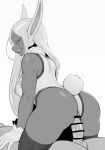  1girl :d animal_ears bar_censor boku_no_hero_academia breasts censored cheshirrr cowgirl_position fangs from_behind gloves greyscale hetero highres large_breasts leotard looking_at_another mirko monochrome penis rabbit_ears rabbit_girl rabbit_tail sex shiny_skin simple_background smile solo straddling tail thighhighs vaginal 