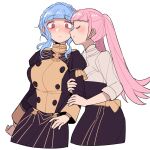  2girls belt blue_hair blunt_bangs blush breasts cowboy_shot do_m_kaeru fire_emblem fire_emblem:_three_houses garreg_mach_monastery_uniform hair_bun hilda_valentine_goneril long_sleeves marianne_von_edmund medium_breasts multiple_girls pink_hair simple_background twintails white_background yuri 