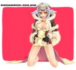  1girl :p areola_slip black_gloves blush breasts brown_cape brown_dress cape closed_mouth clothes_lift copyright_name dress dress_lift feathered_wings fingerless_gloves full_body fur-trimmed_cape fur-trimmed_gloves fur_trim gem gloves grey_hair head_wings high_wizard_(ragnarok_online) kuboshun layered_dress long_hair looking_at_viewer medium_bangs medium_breasts orange_eyes ragnarok_online red_background red_gemstone short_dress signature smile solo strapless strapless_dress tiara tongue tongue_out two-tone_background two-tone_dress white_dress wings 