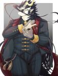 absurd_res anthro black_hair ear_piercing ear_ring eyewear facial_hair fuxi_(tas) grey_body hair hi_res horn izm_rm7 lifewonders long_hair male muscular muscular_anthro muscular_male piercing pinstripe_suit ring ring_piercing solo sunglasses tokyo_afterschool_summoners