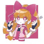  1girl :t blossom_(ppg) blunt_bangs bow earrings eating eyelashes fingerless_gloves fork gloves highres holding holding_fork jacket jewelry long_hair multicolored_clothes multicolored_jacket pink_bow pink_eyes ponytail powerpuff_girls_z red_hair ro_ru_witch undershirt 