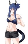  1girl arknights black_shorts blue_bra blue_hair bra breasts ch&#039;en_(arknights) cowboy_shot dragon_horns dragon_tail hair_between_eyes highres horns large_breasts lily0428 long_hair navel red_eyes short_shorts shorts simple_background solo standing stomach tail underwear undressing white_background 