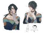  2boys absurdres black_hair blush bottle collarbone cropped_torso double_v earrings hair_over_one_eye hand_on_another&#039;s_chin heart heart_hands highres hwei_(league_of_legends) jewelry jhin league_of_legends long_hair long_sleeves male_focus mask multiple_boys multiple_views ponytail solo_focus sume_chi_(suijou10) sweat v 