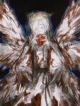  1girl angel_wings angela_(project_moon) blood blood_on_clothes bloody_wings crown_of_thorns dress e.g.o_(project_moon) food fruit heinrich_(fernanderuddle) highres holding holding_food holding_fruit library_of_ruina long_sleeves multiple_wings project_moon seraph solo upper_body white_dress white_wings whitenight_(project_moon) wide_sleeves wings 