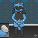 absurd_res anthro balls blue_body blue_fur chastity_cage chastity_device cheek_tuft collar facial_tuft fan_character fluffy fluffy_tail fur generation_4_pokemon genitals green_eyes hex_(hexfury) hexfury hi_res hindpaw inner_ear_fluff male neck_tuft nintendo paws pokemon pokemon_(species) pokemon_mystery_dungeon riolu solo tail tuft wallpaper_(decoration) watermark