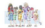  2boys 4girls :d arven_(pokemon) backpack bag blue_shirt blue_shorts brown_bag candy_apple carmine_(pokemon) closed_eyes commentary_request food from_side glasses green_shirt green_shorts grin hairband highres holding jacket juliana_(pokemon) kieran_(pokemon) knees leg_up long_hair looking_back multicolored_hair multiple_boys multiple_girls nemona_(pokemon) open_mouth penny_(pokemon) pokemon pokemon_sv ponytail purple_jacket purple_shorts red_hair round_eyewear sandals shirt short_hair short_sleeves shorts single_barefoot smile standing teeth two-tone_hair yellow_hairband yellow_shirt yellow_shorts yufei_lin 