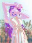  1girl alternate_costume armpits arms_up bakemonogatari blue_eyes blue_sky blurry blurry_background blurry_foreground breasts closed_mouth commentary_request depth_of_field dress eyelashes film_grain flower head_tilt highres holding holding_scissors lace_sleeves leaning_back long_hair medium_breasts monogatari_(series) one_eye_closed outdoors purple_hair rapa_rachi revision scissors senjougahara_hitagi shiny_skin shirt short_sleeves sky sleeveless sleeveless_dress solo standing v-shaped_eyebrows very_long_hair white_shirt yellow_dress 