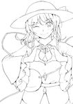  bow face greyscale hat heart heart_hands highres komeiji_koishi lineart looking_at_viewer monochrome one_eye_closed smile solo third_eye touhou vent_arbre 