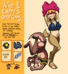2023 absurd_res anthro ariel_(deerkid) barefoot bent_leg blush bottomless bottomless_anthro bottomless_female bottomless_male bovid bra breasts brown_body brown_fur butt capri_(deerkid) caprine cleavage clothed clothing crotch_blush deer deerkid digital_drawing_(artwork) digital_media_(artwork) duo english_text eyes_closed feet female floppy_ears fur goat hair hands_above_head head_tuft hi_res hooves horn looking_at_another male mammal mitten_hands multicolored_body multicolored_fur navel open_mouth orange_hair plantigrade scut_tail shirt short_tail simple_background smile standing t-shirt t-shirt_only tail tan_body tan_fur text topwear tuft two_tone_body two_tone_fur underwear undressing upside_down wide_eyed