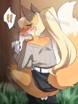 2022 absurd_res anthro big_breasts blonde_hair blush bodily_fluids bottomwear breasts butt canid canine caught clothed clothing constricted_pupils crouching curvy_figure exclamation_point female fox fox&#039;s_sister_(kinokoningen) fur genital_fluids grass hair hi_res holding_tissue kemono kinokoningen looking_at_viewer looking_back looking_back_at_viewer mammal no_underwear off_shoulder outside plant ponytail public_urination pupils raised_tail skirt slit_pupils small_pupils solo steam surprise sweater tail tissue topwear tree urine urine_on_ground watermark wet wiping yellow_body yellow_eyes yellow_fur