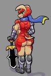 anthro areola areola_slip arma&#039;s_quest arma_(arma&#039;s_quest) armadillo armor bra clothed clothing female gauntlets gloves handwear mammal melee_weapon muscular muscular_female panties sabatons scales skimpy small_tail solo sword tail trongle underwear weapon xenarthran