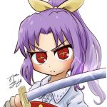  +_+ 1girl avatar_icon bow chamaji collared_shirt commentary_request eyebrows_visible_through_hair frown hair_bow high_ponytail holding holding_sword holding_weapon katana long_hair looking_at_viewer lowres partial_commentary ponytail shirt sidelocks signature solo sword touhou upper_body watatsuki_no_yorihime weapon white_background 