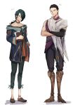  2boys absurdres black_hair black_pants book character_name collarbone crossed_arms full_body hair_over_one_eye highres holding holding_book hwei_(league_of_legends) jhin league_of_legends long_hair looking_at_viewer male_focus mechanical_legs multiple_boys no_mask pants ponytail shoes short_hair single_bare_arm single_bare_shoulder standing sume_chi_(suijou10) 