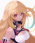  1girl absurdres ahoge blonde_hair breasts choker closed_mouth dyed_ahoge eyelashes gradient_hair green_hair highres long_hair milla_maxwell multicolored_hair nancykittyu red_eyes shirt solo strapless tales_of_(series) tales_of_xillia taut_clothes taut_shirt tube_top white_background 