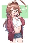  1girl ahoge blue_shorts breasts brown_hair collarbone cowboy_shot cropped_shirt denim denim_shorts fang glasses hair_intakes hand_up huge_ahoge jacket kantai_collection kuma_(kancolle) long_hair long_sleeves looking_at_viewer midriff nassukun navel open_mouth orange_eyes red_jacket shirt short_shorts shorts small_breasts solo torn_clothes torn_shirt torn_shorts v white_shirt 