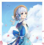  1girl absurdres back_bow blue_bow blue_eyes blue_hair blue_sky blunt_bangs border bow braid butterfly_hair_ornament cherry_blossoms cloud collar flower from_behind genshin_impact hair_flower hair_ornament hair_up hat hat_ribbon highres kamisato_ayaka kamisato_ayaka_(springbloom_missive) light_blue_hair long_sleeves looking_at_viewer official_alternate_costume official_alternate_hairstyle open_mouth pink_ribbon ribbon sky smile solo togaririi upper_body white_border white_collar white_flower white_ribbon 