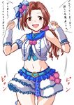  belt brown_eyes brown_hair hair_ribbon idolmaster idolmaster_cinderella_girls kawashima_mizuki long_hair navel open_mouth ponytail ribbon shouji_nigou skirt smile solo translated 